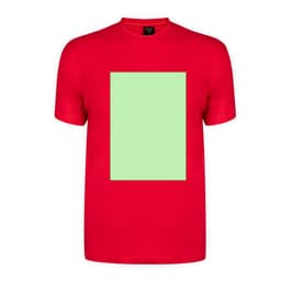 A red adult T-shirt featuring a green blank rectangle design in the centre. It has a branding logo on the label.