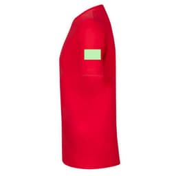 A red adult T-shirt with a green label on the sleeve, featuring a simple design and no other embellishments.