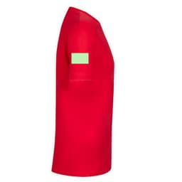 A red adult T-shirt displayed from the side, featuring a green patch on the sleeve and no visible branding.