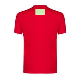 A red adult t-shirt featuring a rectangular area in a light colour on the back. It has a logo or branding.