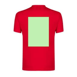 A red adult t-shirt featuring a large green rectangular design on the back. The shirt has a logo.