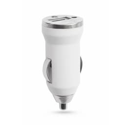 A USB car charger in white with a silver accent, featuring a logo and designed for mobile devices.