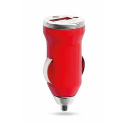 A red USB car charger with a metallic tip and a logo, designed for charging devices on the go.