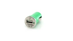 A green USB car charger with a silver accent and a single USB port for charging devices.