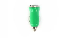 A green USB car charger with a shiny silver tip and side connectors. The design is streamlined and compact.