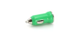 A green USB car charger with a metallic finish. The design features a sleek, rounded shape.