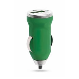 A green USB car charger with a metallic accent and a digital display on top. It includes a branding logo.