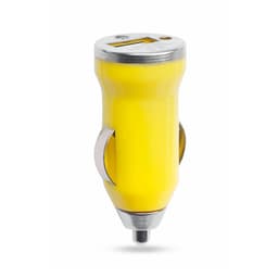 A yellow USB car charger with a shiny metallic design and a logo on it.