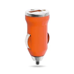 An orange USB car charger with a silver accent and a built-in display for charging devices.