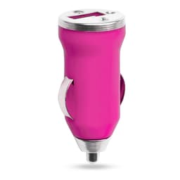 A pink USB car charger with a sleek design and a silver accent, featuring a logo on the body.