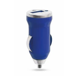 A blue USB car charger with a silver accent and a single USB port for charging devices.