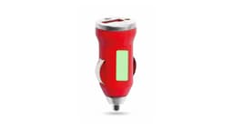 A red USB car charger with a metal bottom and a logo on the side, featuring a blank area for customisation.