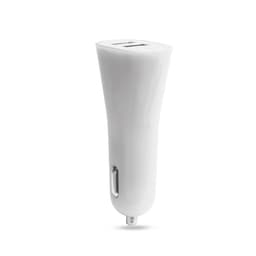 A white USB car charger with a sleek design and a single USB port. It features a logo on the surface.