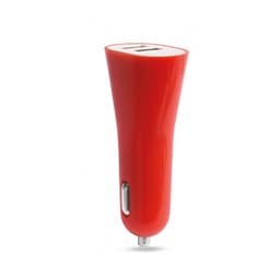 A bright red USB car charger designed for phone and technology use, featuring a sleek, modern shape and a logo.