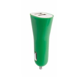 A green USB car charger with two USB ports and a sleek, tapered design. It features a silver input for the car socket.