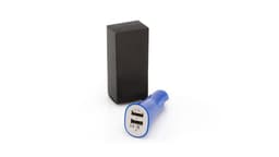 A blue USB car charger with two ports and a black box packaging.
