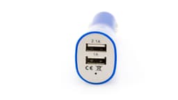 A blue USB car charger with two USB ports and a white base featuring a logo.