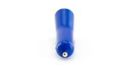 A blue USB car charger with a smooth finish and metallic connector tips, featuring a logo at the top.
