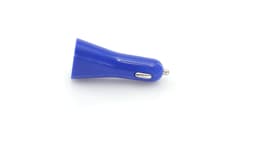 A blue USB car charger with a sleek design and shiny metallic connector. It features a logo on the surface.