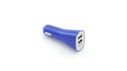A blue USB car charger with two USB ports and a silver connector, featuring a branded logo.