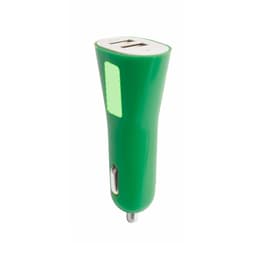 A green USB car charger with two USB ports and a logo on the top. It features a sleek, modern design.