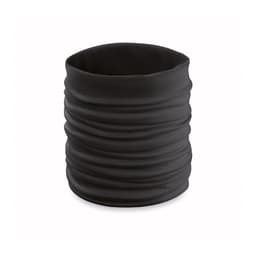 A black scarf accessory with a gathered, textured design. It features a simple and versatile look.