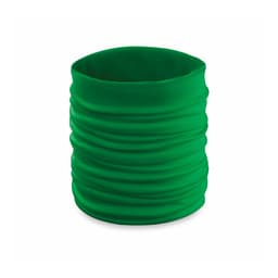 A green scarf with a gathered texture, suitable as a clothing accessory. Features a brand logo.