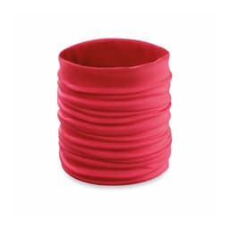 A pink scarf accessory with a stretchy, gathered design. It features branding on the edge.