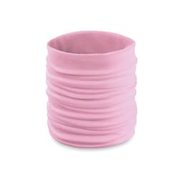 A pink scarf with a tubular design, featuring textured folds. Includes a logo.