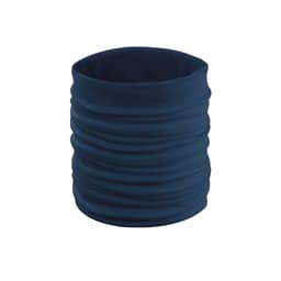A navy blue, textured scarf or neck warmer with a tubular design and gathered fabric. It features a logo.