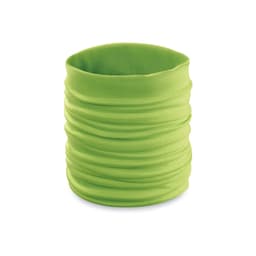 A green scarf with a tubular design, featuring a soft fabric and a simple, seamless style.