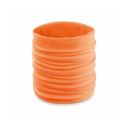 An orange stretch scarf with a gathered texture, designed as a clothing accessory. It has a branded logo.