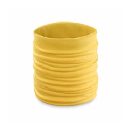 A yellow scarf with a gathered texture, designed for versatility as a clothing accessory.