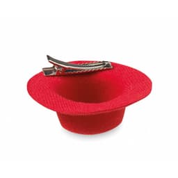 A red felt hair clip featuring a metallic clip attachment on top. The item has a distinct wide-brimmed shape.