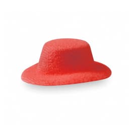 A red hat in a minimalist style, made from a soft material, featuring a rounded top and a wide brim.