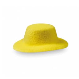 A yellow felt hat with a wide brim and a rounded crown, featuring a textured finish.