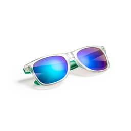 Transparent sunglasses with blue and purple mirrored lenses, featuring green arms and a logo on the frame.