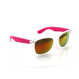 A pair of sunglasses featuring clear frames with pink arms and mirrored lenses in shades of orange and green.