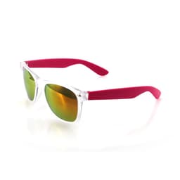 Harvey Sunglasses feature clear frames with vibrant pink arms and reflective green lenses. They include a logo on the side.