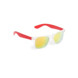 Harvey Sunglasses featuring clear frames and red arms with reflective yellow-tinted lenses. Includes branding on the frame.