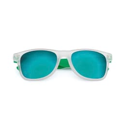 Harvey Sunglasses featuring a transparent frame and teal lenses with green accents. Includes a design logo.