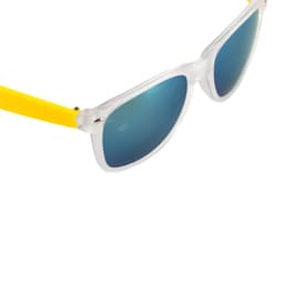 A pair of sunglasses with clear frames and yellow arms, featuring blue-tinted lenses and a logo on the side.