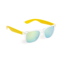 A pair of sunglasses with a clear frame and yellow arms featuring mirrored lenses.