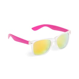 Harvey Sunglasses with clear frames and pink arms featuring reflective, gradient lenses in yellow and green hues.