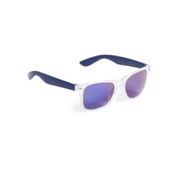 A pair of sunglasses featuring a transparent frame and navy blue arms with purple gradient lenses.