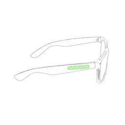 A pair of sunglasses featuring a green accent on the temple and a simple, modern design.