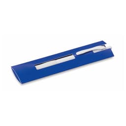 A blue packaging pouch containing a white pen. The pouch features a cut-out window and includes a logo.