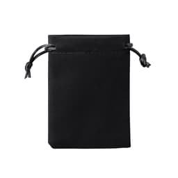 A black drawstring bag made from smooth material with two adjustable cords at the top. It has a simple design.