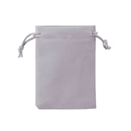 A light grey drawstring bag with a smooth finish and two pull cords. It features a simple design and a branding logo.