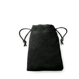 A black drawstring bag made from soft fabric, featuring a cinched closure at the top and no visible branding.